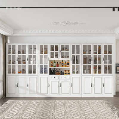 157.4'' Wide 2 Drawers Kitchen Pantry Dining Cabinet With Glass & Wood Doors