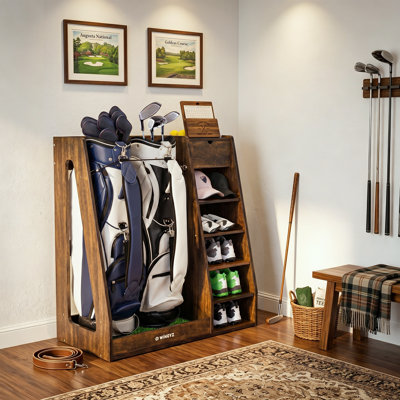 Rangement pour sacs de golf en contreplaqué de bouleau de qualité supérieure WINGYZ pour 2 sacs, organisateur de sacs de golf solide comme le roc de 36 lb, multiusage avec centre de commande à 7 tablettes