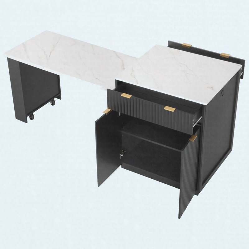 82.6" Fluted Kitchen Island with Extendable Dining Table for 4-6, Island Table for Kitchen with Power Outlet, Kitchen Table with Double-Side Storage, 2 Drawers 2 Side Open Shelves, Black