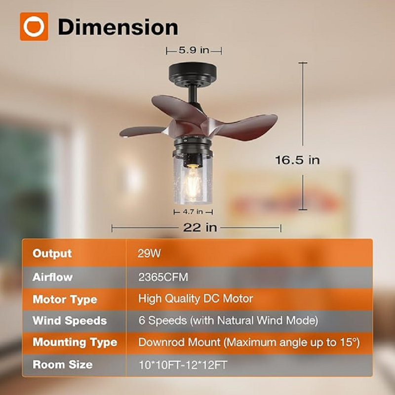 22 Inch Black and Wood Ceiling Fan with Glass Lampshade and Remote
