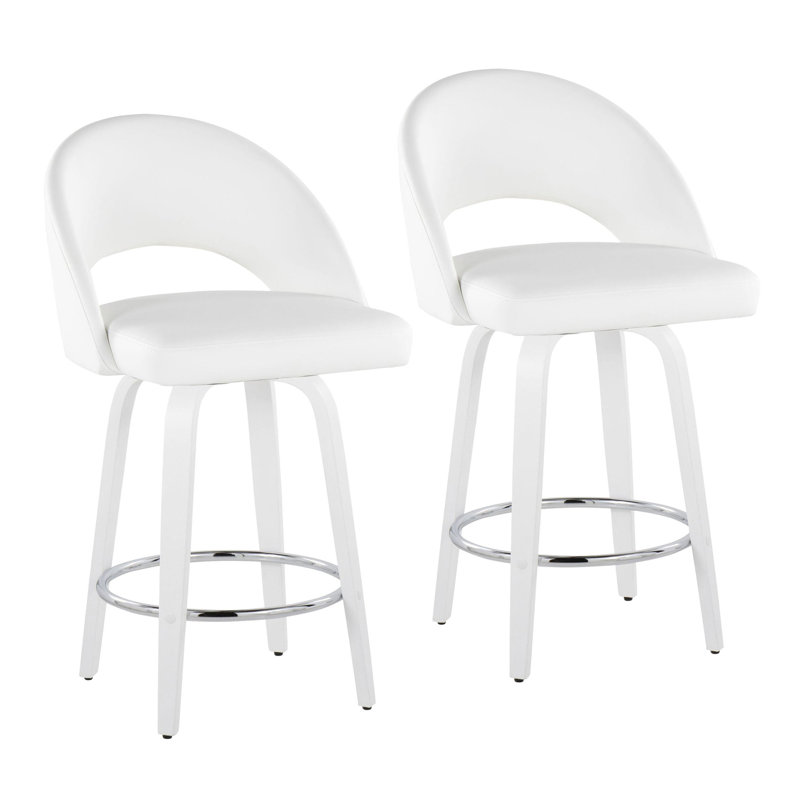 Tabouret de comptoir à hauteur fixe avec pivot en bois blanc et similicuir blanc avec repose-pieds rond chromé - 2 pièces
