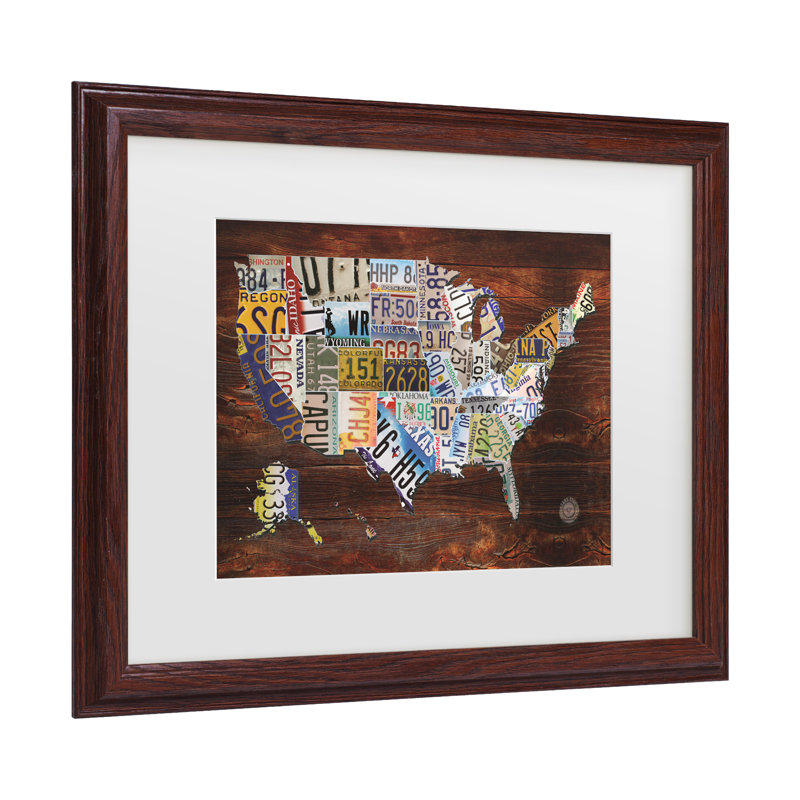 « USA License plaque Map »-impression d’art graphique, H 16 po x l 20 po x P 2 po, Encadrement brun, Blanc