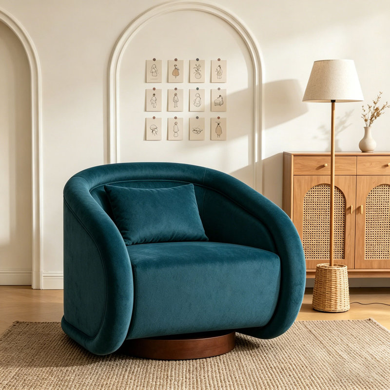 Fauteuil d'appoint pivotant, fauteuil demi-tonneau pivotant à 360 degrés, Velours sarcelle