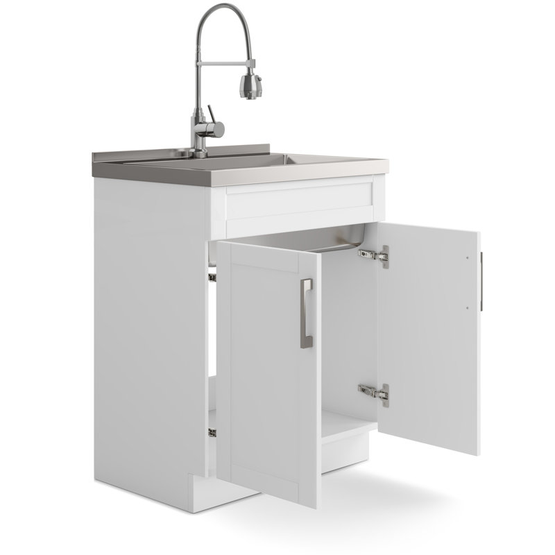  Laundry Cabinet With Faucet And Stainless Steel Sink - White, 28"
