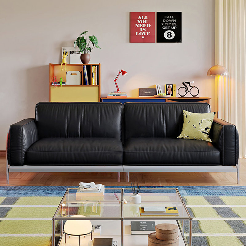 Canapé modulaire noir en cuir véritable, 102.36" W