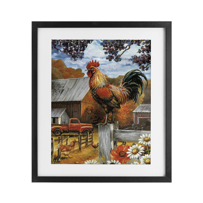 Impression de coq perché d'automne encadré sous verre, conception par Ed Wargo, H 21 po x l 17 po, Cadre noir minuit
