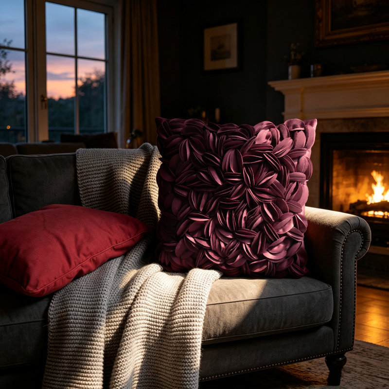 Housse de coussin brodée, Wine Red - Velvet, H 18 po x l 18 po