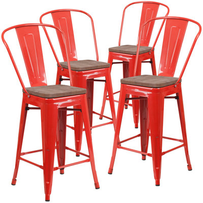 Margherite Modern Bistro Metal Dining Stool with Curved Vertical Slat Back and Wood Seat