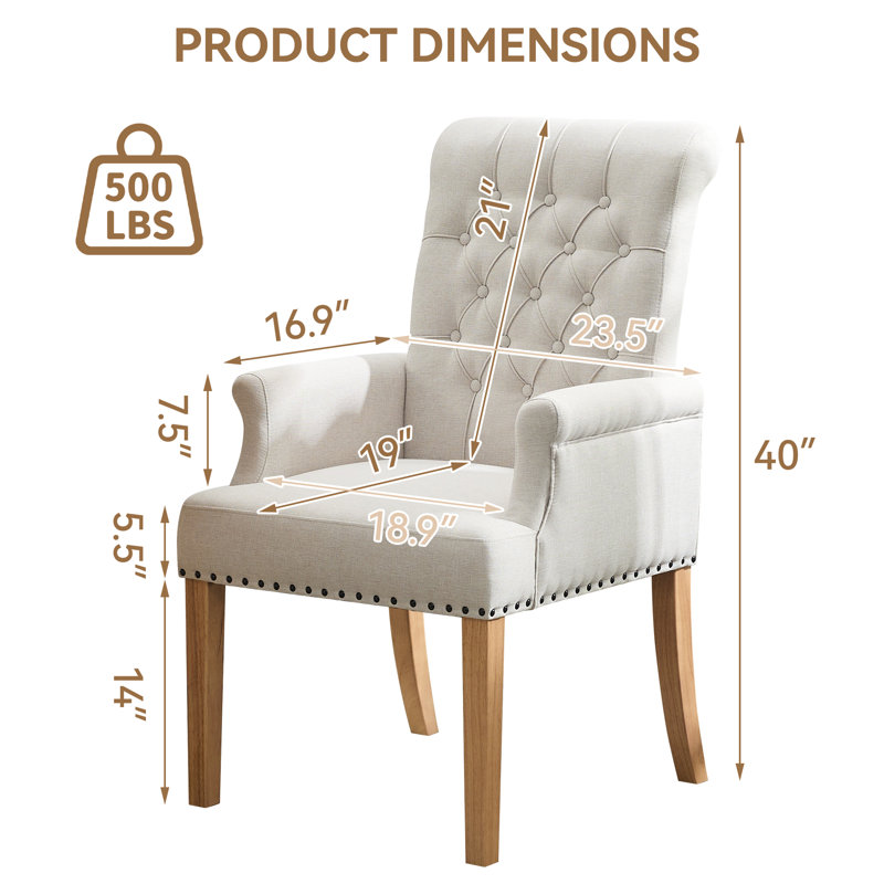 Tufted Upholstered High Back Dining Armchair, Linen, Beige Linen