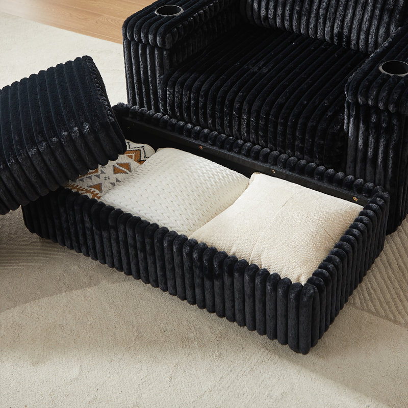 Canapé en velours côtelé de 84 po à 3 places avec 2 repose-pieds, rangement intégré et porte-gobelets, Noir