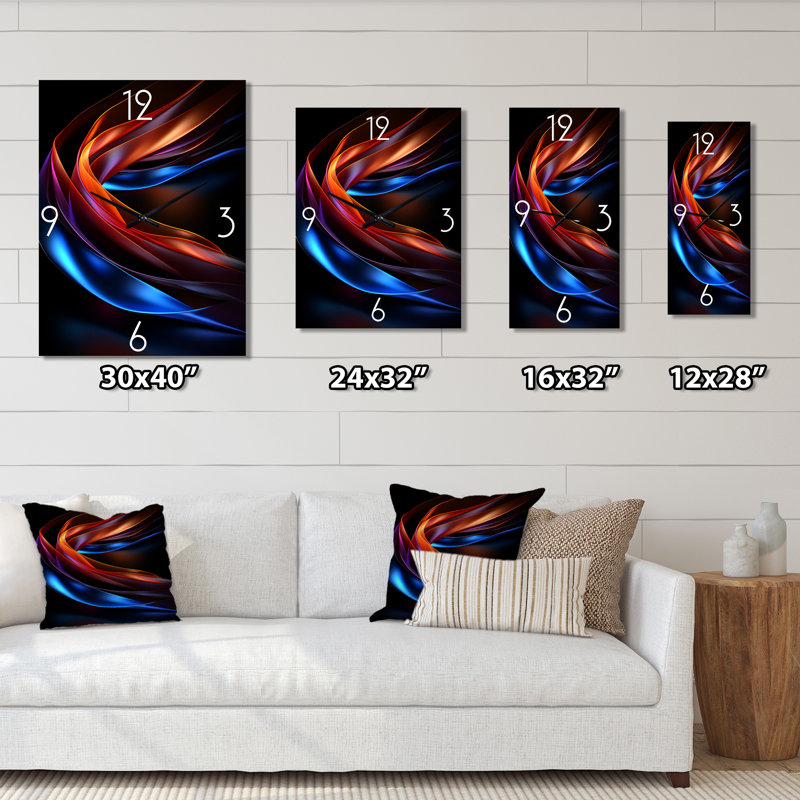 Horloge murale contemporaine à vagues abstraites bleues et rouges - Encre liquide abstraite surdimensionnée
