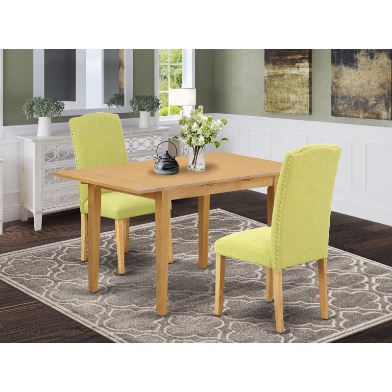 3 Piece Dining Set Contains a Rectangle Dining Room Table with Butterfly Leaf and 2 Limelight Linen Fabric Upholstered Chairs, Oak