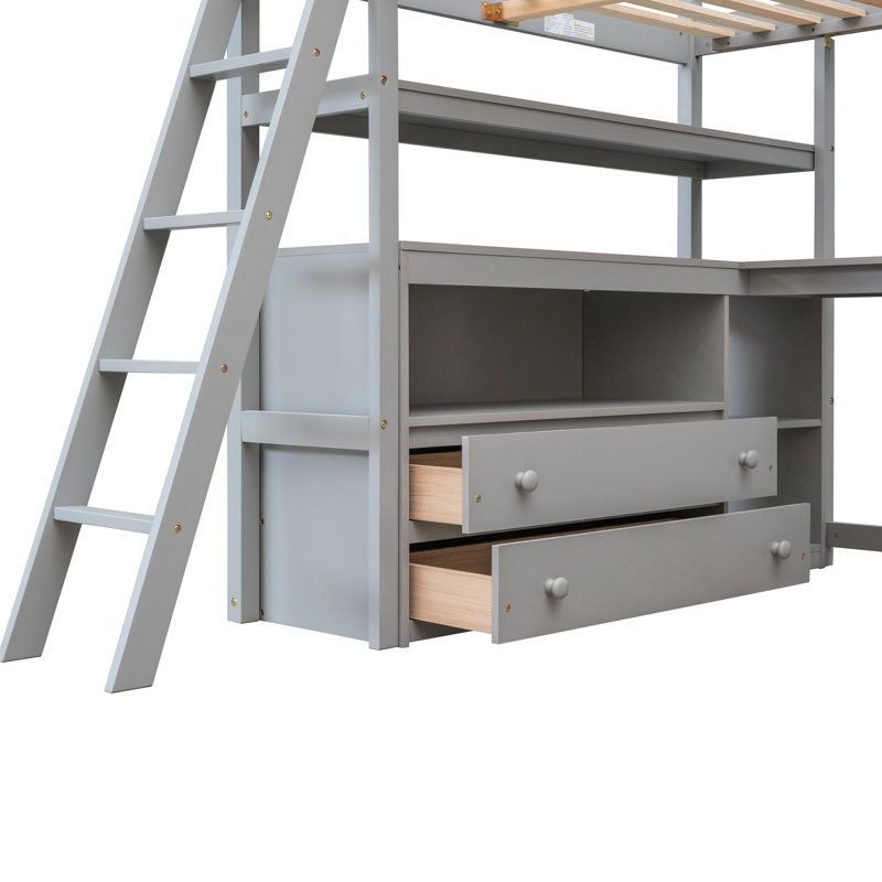 Lit mezzanine double avec bureau, tablettes et cadre gris - Construction en bois de pin pour une chambre à coucher fascinante