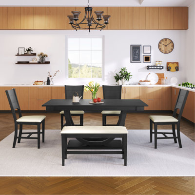 Ensemble de 6 tables de salle à manger en bois 6 pièces avec banc long et 4 chaises, style moderne