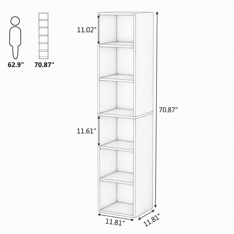 Bibliothèque de coin 70,9 ", tablettes étroites modernes à 6 niveaux, Walnut