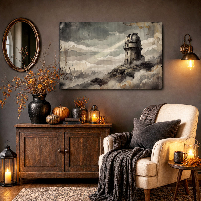 Impression sur toile, sépia, phare, tour sur une falaise rocheuse, H 28 po x l 40 po