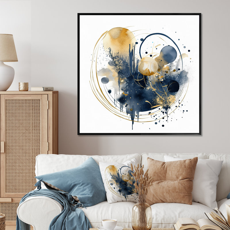 «Blue Yellow Minimalims Fludity I», reproduction d'art sur toile, Cadre photo noir, H 36 po x l 36 po x P 1,5 po