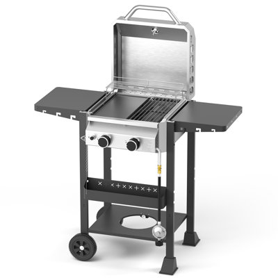 Propane Gas Grill 2-Burner with Cast Iron Frying Pan and Grates Combo, 16000 BTU Output Stainless Steel Grill for Outdoor Cooking, Patio, Backyard Party