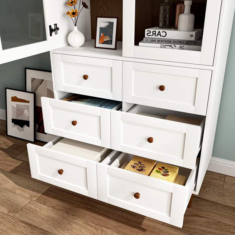 Armoire de rangement blanche en panneau de fibres à densité moyenne blanche, grands armoires de cuisine avec portes en verre et tablettes réglables, armoire de rangement autoportante pour la cuisine, le salon