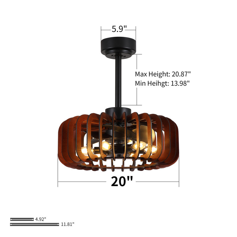 Ventilateur de plafond rustique 20 pouces avec cage en contreplaqué et lumière DEL intégrée