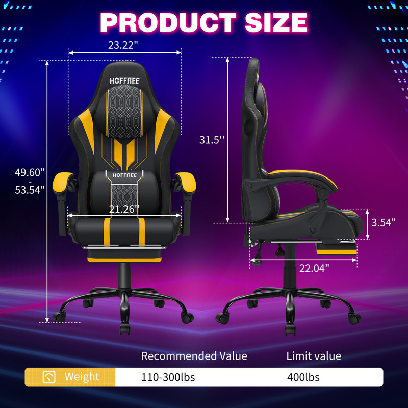 HOFFREE Led Gaming Chair With Speakers And Massage Video Game Chair Big And Tall For 400Lbs With Footrest Reclining High Back Computer Desk Chair