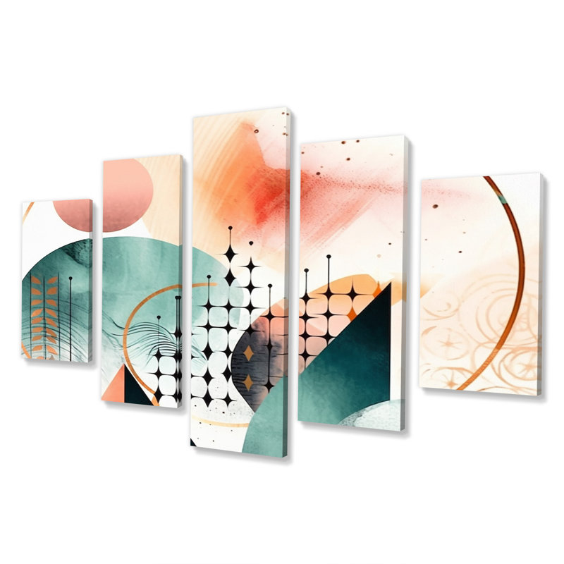 Paysage boho minimaliste en vert terreux rétro - art mural géométrique moderne - 5 panneaux