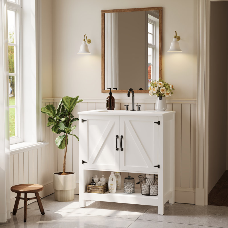 Meuble-lavabo de 76 cm avec tablette ouverte, armoire de rangement avec poignée en métal et éclairage DEL RVB, Blanc