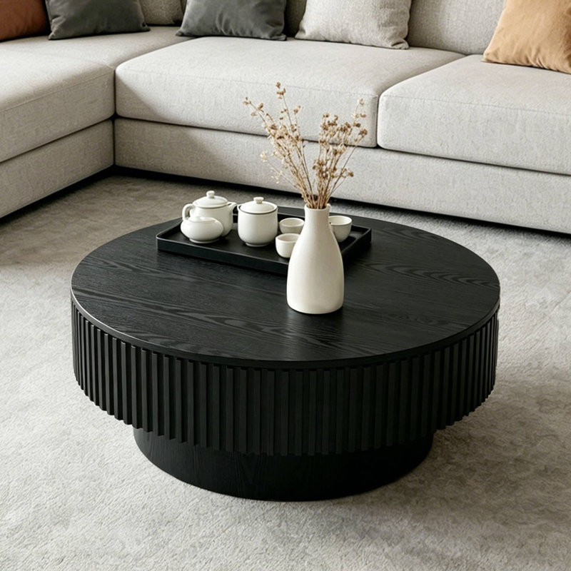 Table basse ronde en MDF avec rangement, Noir, H 14 po x L 31,5 po x l 31,5 po