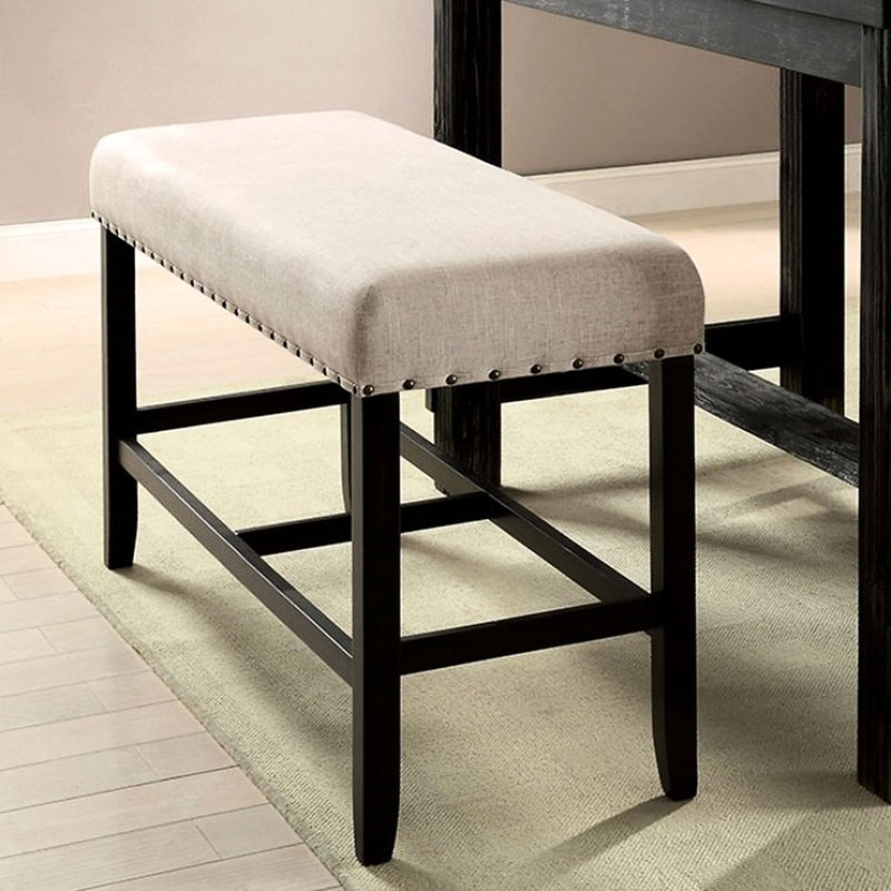 Rustic Counter Height Bench With Beige Seat And Black Wood Finish For Dining Linen-Like Trim Solid Base