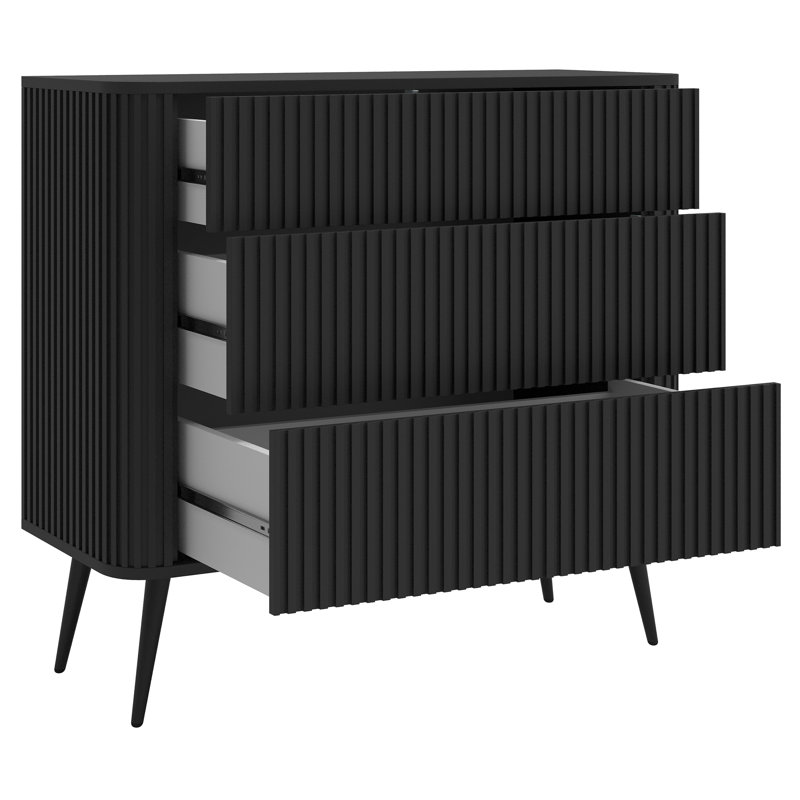 Chest of Drawers with Fluted Fronts and Three Drawers, Black