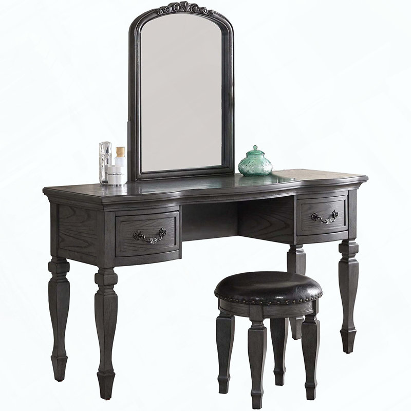 Ensemble de meuble-lavabo classique avec miroir en bois sculpté, tabouret et tiroirs, Gris