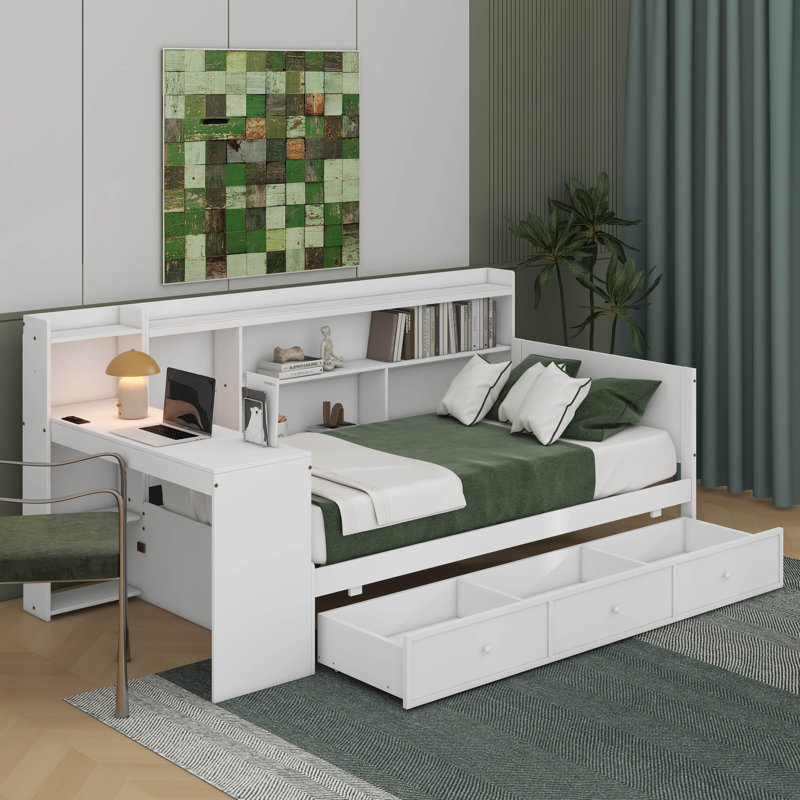 Twin Size Wooden Daybed With Drawers And Desk, White