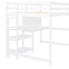 Lit mezzanine double en bois blanc avec tablettes et bureau. Fabrication en pin. Maximisez l'efficacité de l'espace. Polyvalent pour étudier et se détendre. Aucun sommier tapissier requis. L 79,5 po x l 57 po x H 65 po. Supports