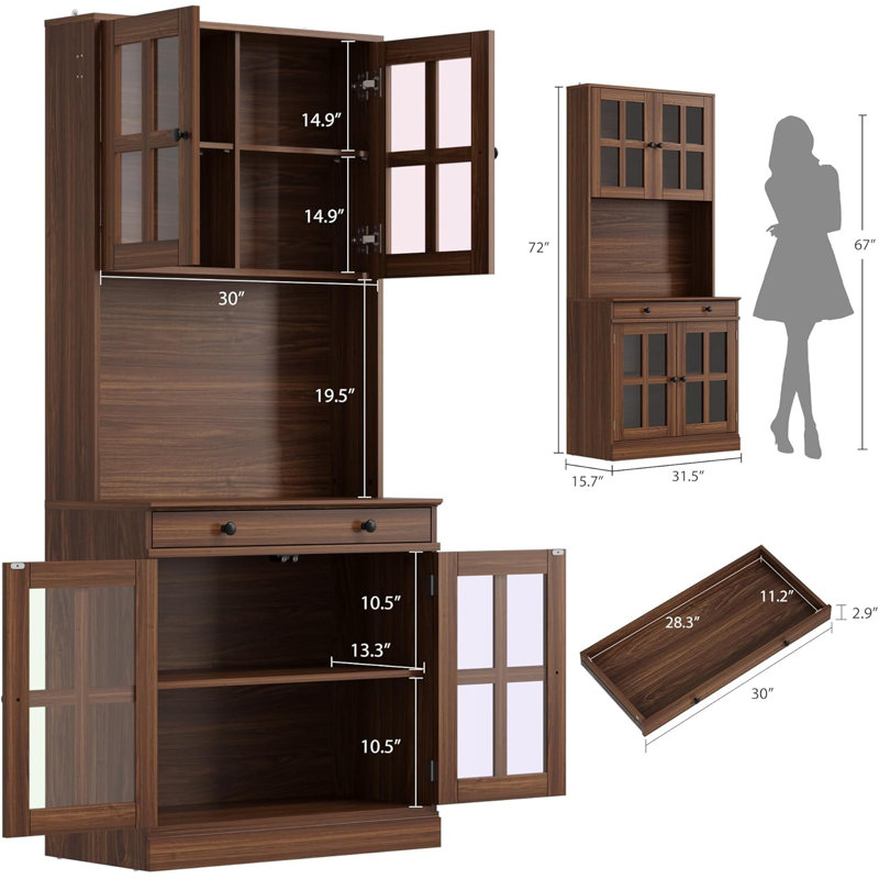 Armoire de cuisine 72 po en noyer avec portes en verre, tiroir et tablettes réglables - rangement pour bar à café, Walnut