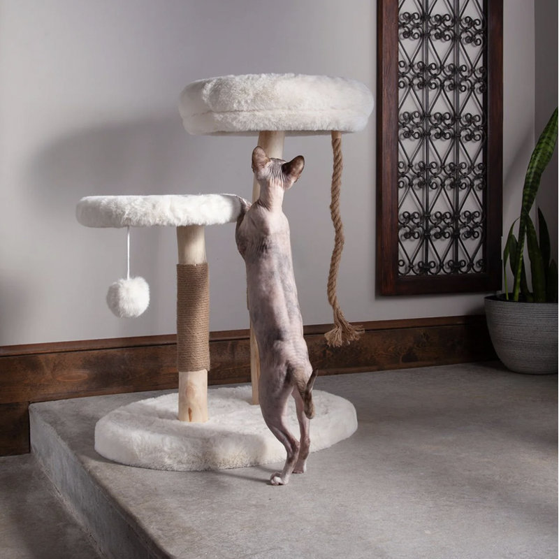 The Oasis 3-Level White Faux Fur Cat Tree with Hemp Rope
