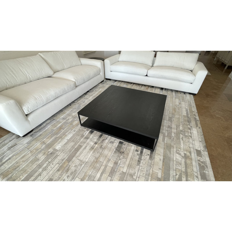 Tapis blanc / argent en cuir de vache fabriqué à la main Meenu, Rectangle 9 pi x 12 pi