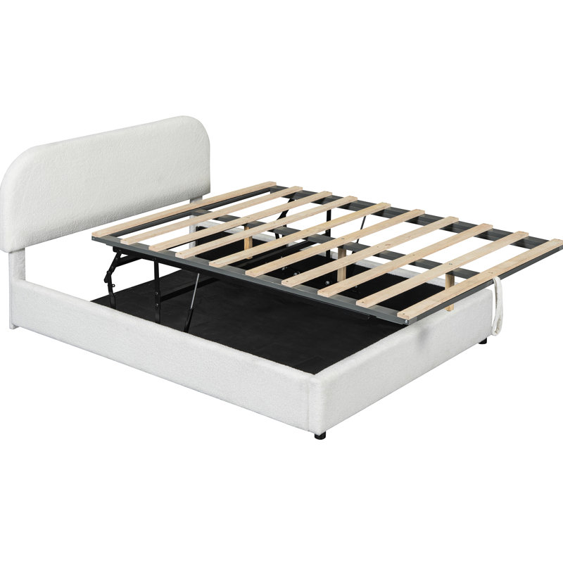 Lit plateforme double en molleton blanc avec mécanisme de rangement hydraulique, Lit double