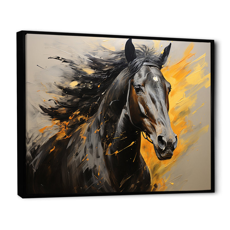 Yellow Black Horse Vibrant Yellow Equine, reproduction d'art sur toile, H 12 po x l 20 po x P 1 po, Cadre flottant noir