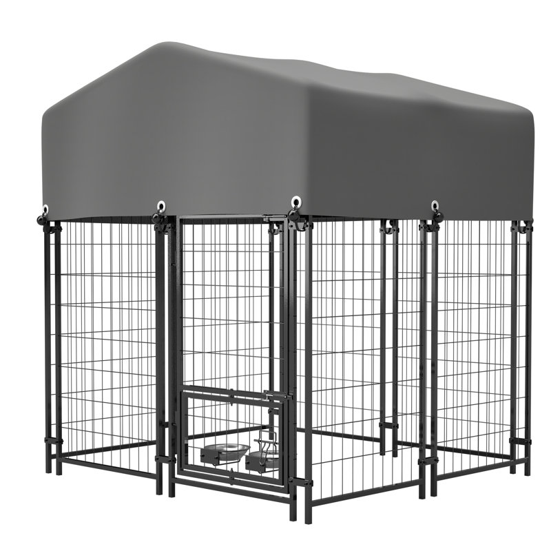 Chenil d'extérieur robuste avec toit, cage en métal soudé pour chien, enclos en métal résistant à la rouille avec double verrouillage, couvercle résistant aux rayons UV et mangeoire rotative à 360 ° pour chiens de taille moyenne / grande