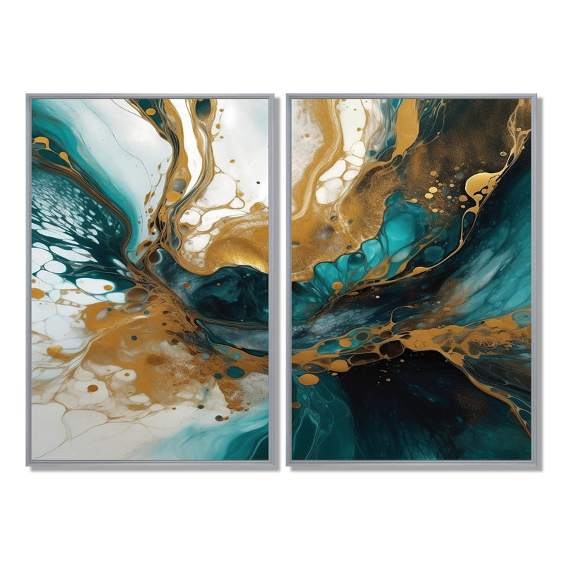 Turquoise et or sculptant l'espace - art mural moderne jaune 2 pièces, 36'' H x 48'' W, Impression encadrée flottante, Silver
