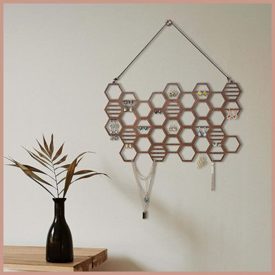 Walnut Wall Mount Honeycomb Earring Organizer, Wooden Hanging Jewelry Display for Earrings & Necklaces