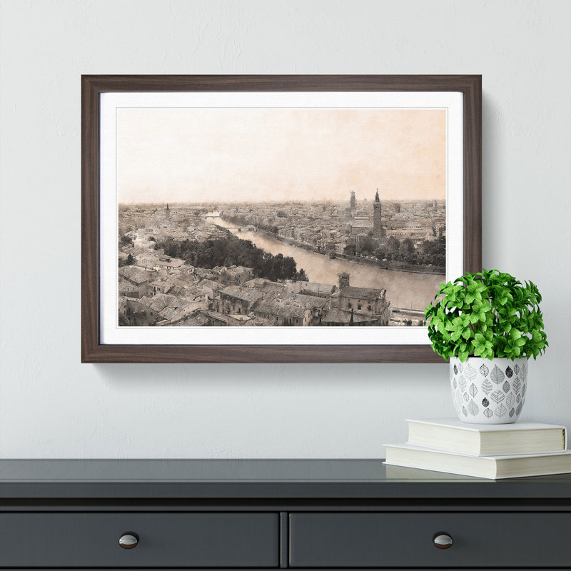 Skyline of Verona Italy - Picture Frame Painting Print, 45cm H x 63cm W x 2cm D, Walnut Framed