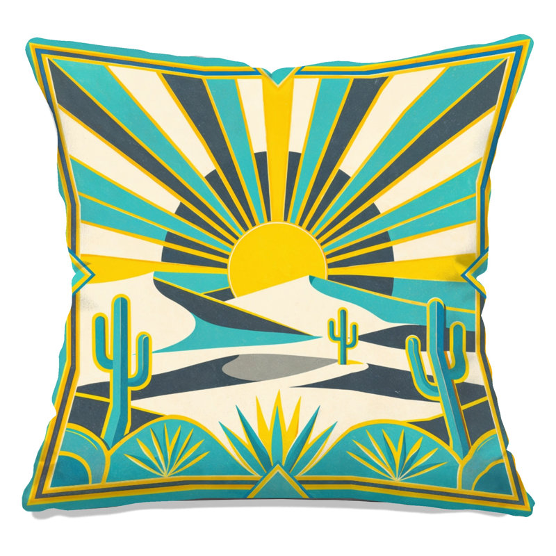 Coussins décoratifs désertiques art déco désert, 18 x 18 pouces, Jaune vif et bleu sarcelle