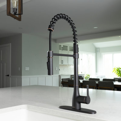 Bio Bidet By Bemis FLOW Classic Series Single-Handle Pull-Down Spring Neck Sprayer Kitchen Faucet, Brushed Nickel