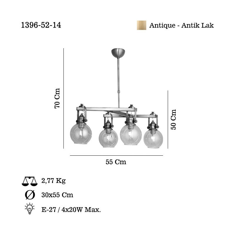 Antiquation Metal Chandelier, Adjustable Height 22.8 - 33.1 inches | Ø5.5 x 4.0 inches Base Plate | 4 x E27 Socket, Max 40W | Elegant Glass Cap, Perfect for Dining Room & Living Spaces, Stylish & Durable Design