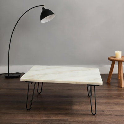 Table basse carrée avec plateau en marbre blanc et base noire classique, table de salon moderne, largeur de 40 pouces