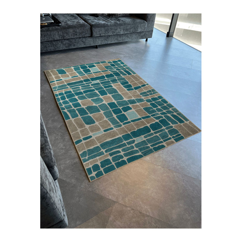 Tapis bleu et gris à motif géométrique mélangé lavable à la machine, Tapis de couloir 3 pi 3 po x 9 pi 10 po