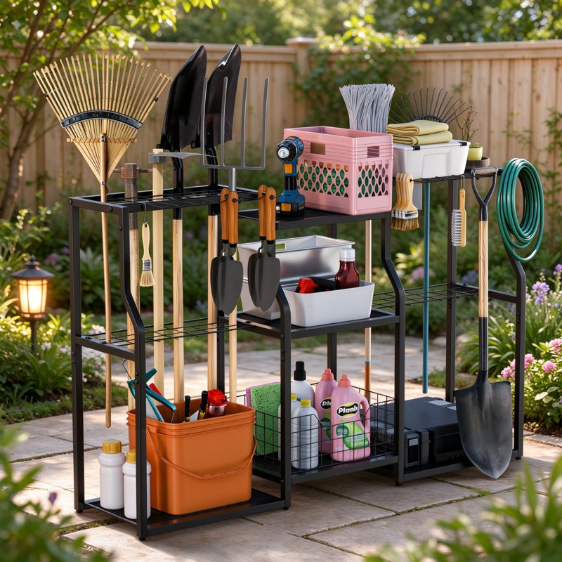 Heavy Duty Freestanding Garden Tool Storage Rack with 34 Slots, Hooks & Storage Basket, Metal Yard Tool Organizer for Garage & Shed