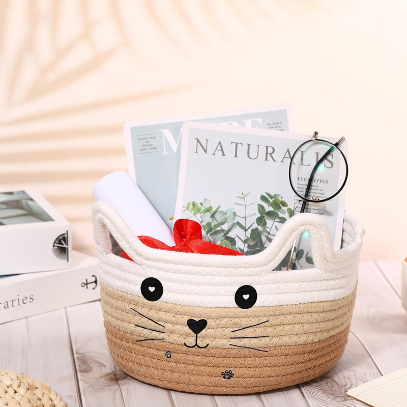 Panier de rangement pour chat tissé avec des oreilles et un jouet décoratif pour animal de compagnie, Blanc / beige / brun