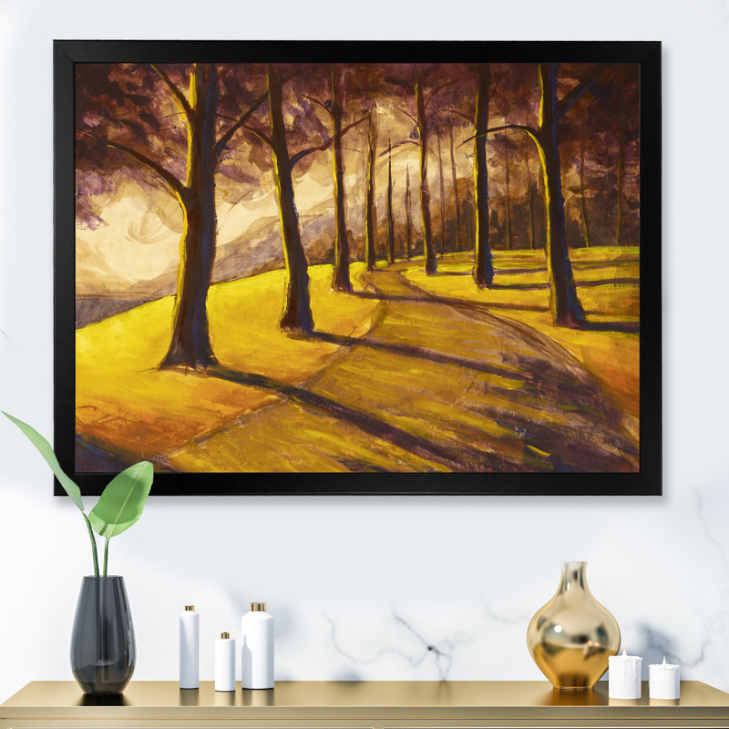 Chemin de randonnée pédestre dans la forêt ensoleillée, impression sur toile, H 12 po x l 20 po x P 1 po, Cadre photo noir